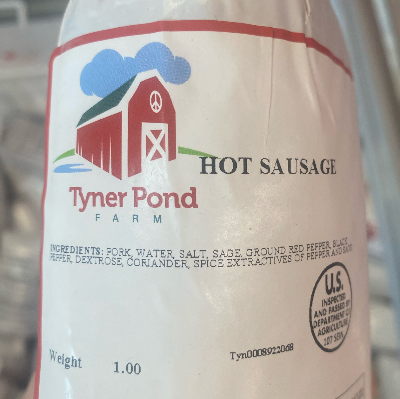 Packaged hot pork sausage with ingredients visible on label