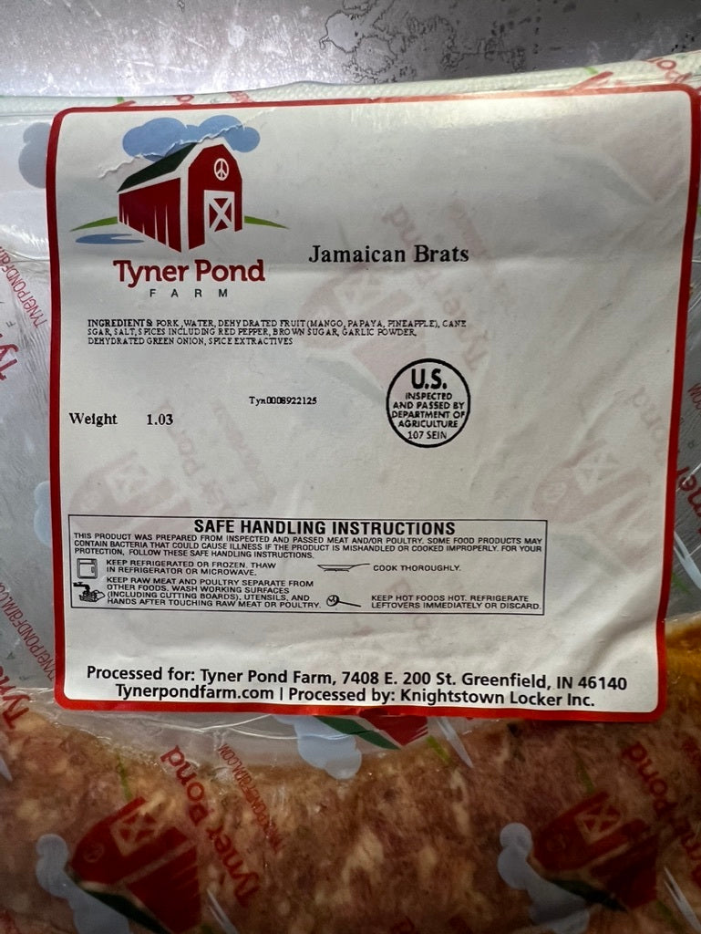 Packaged Jamaican bratwurst from Tyner Pond Farm, label and ingredients visible