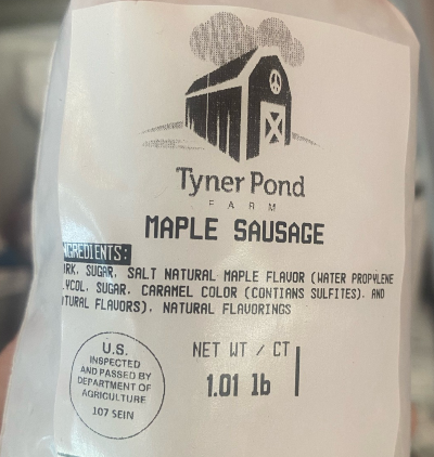 Packaged maple pork sausage from Tyner Pond Farm, labeled and frozen