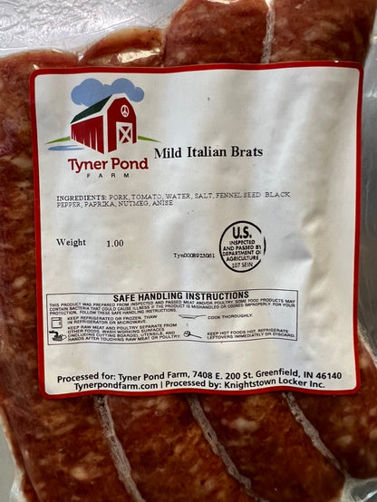 Packaged mild Italian sausage brats with ingredients visible on label