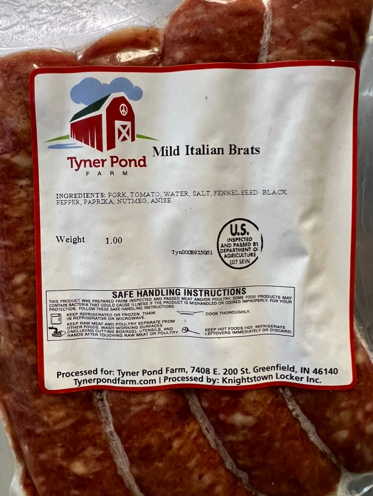 Packaged mild Italian sausage brats with ingredients visible on label