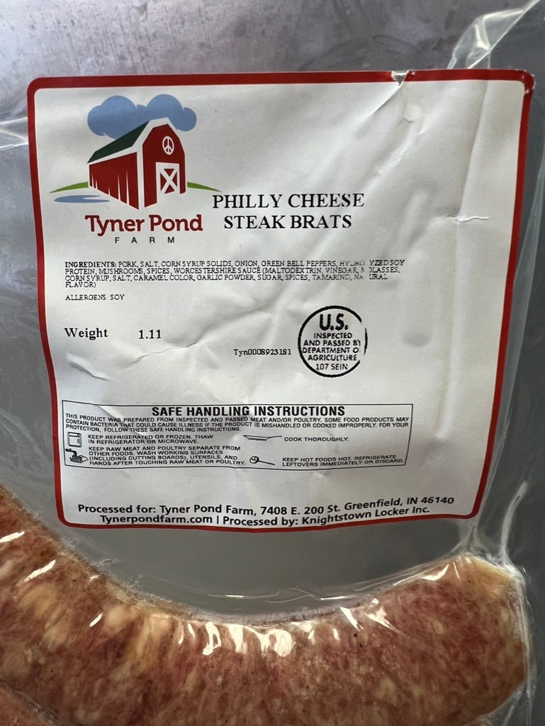 Packaged Philly cheesesteak brats from Tyner Pond Farm with ingredient label visible