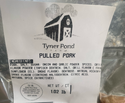 Packaged pulled pork from Tyner Pond Farm with ingredient label visible