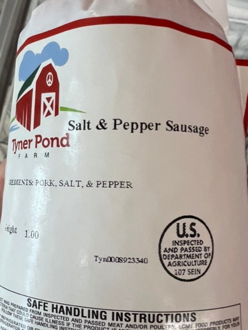 Packaged salt and pepper pork sausage with ingredient label visible