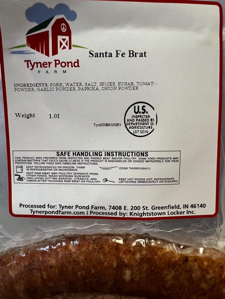 Packaged Santa Fe brats from Tyner Pond Farm, label with ingredients visible