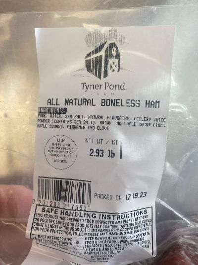 Packaged whole boneless smoked ham from Tyner Pond Farm, label and ingredients visible