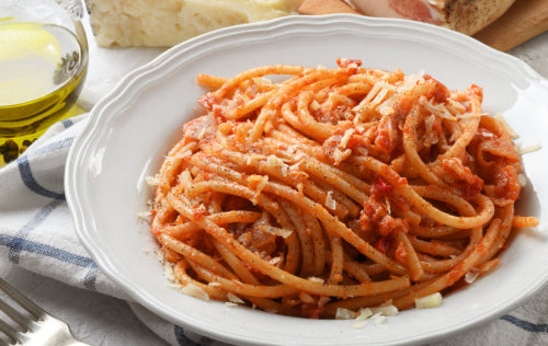 Pasta with red sauce and crispy jowl bacon, inspired by Amatriciana