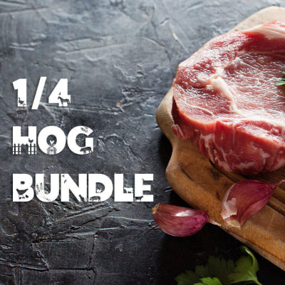 ¼ Hog Bundle graphic with raw pork chop and text overlay