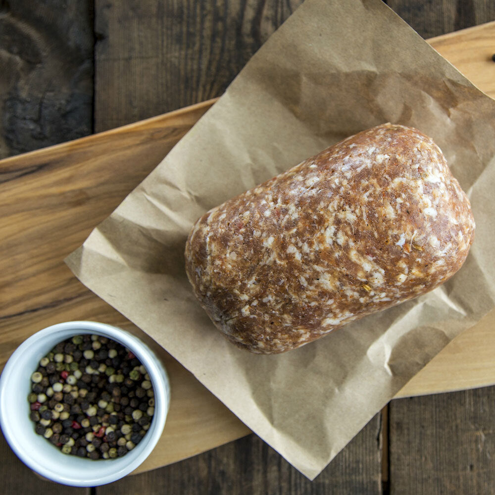Top-down view of raw country style pork sausage, ground and ready to cook
