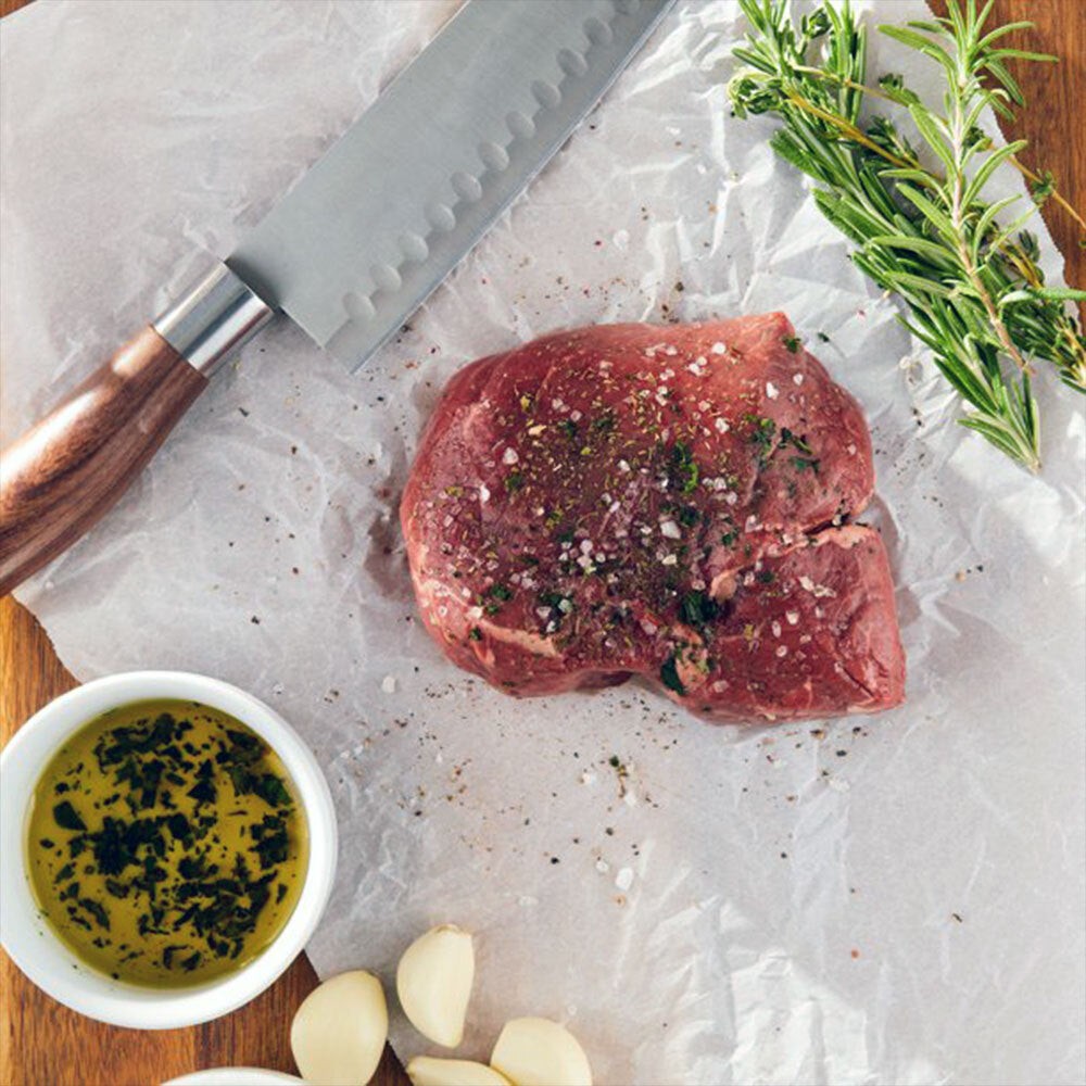 Top sirloin steak on butcher paper, grassfed and pasture-raised at Tyner Pond Farm