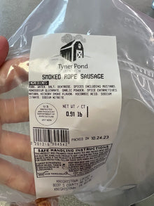 Product label showing ingredients and packaging for Tyner Pond Farm smoked rope sausage