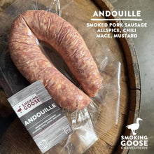 Smoking Goose Andouille smoked pork sausage loop seasoned with cayenne pepper, dry mustard, cloves, mace, thyme, and allspice