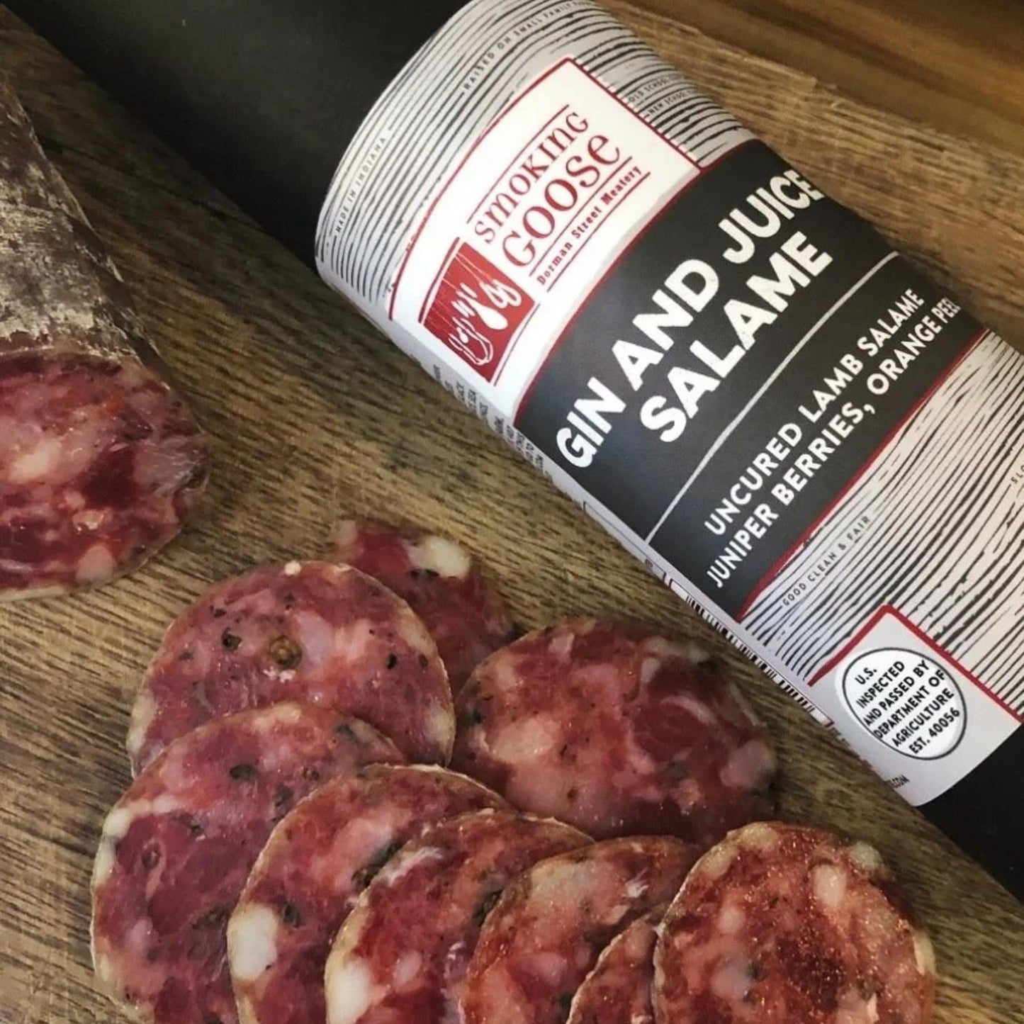 Smoking Goose Gin and Juice lamb salame with juniper berries, orange peel, coriander, garlic, and black peppercorns