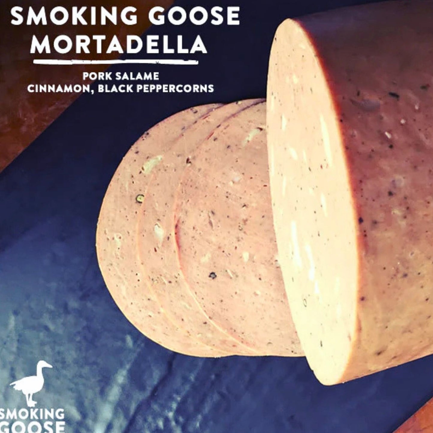 Smoking Goose Mortadella sliced pork salame made in Indianapolis and offered through Tyner Pond Farm