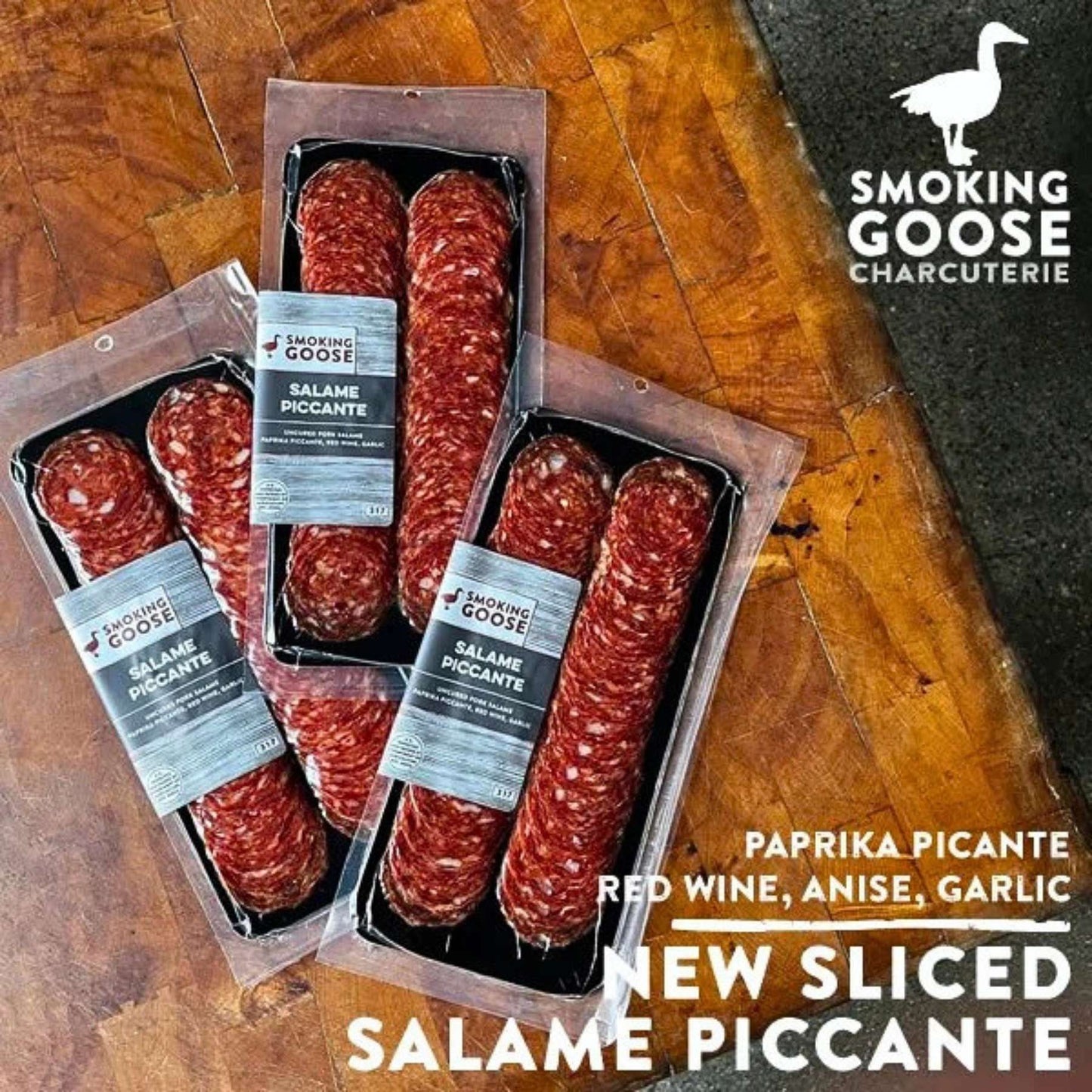 Smoking Goose Salame Piccante sliced pork salame with paprika piccante, red wine, anise, and garlic