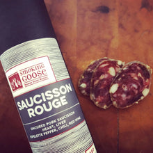 Smoking Goose Saucisson Rouge nose-to-tail pork salame with heart, liver, piment d’ville, red wine, chili, garlic, black peppercorns, and mustard