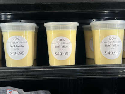 Multiple tubs of beef tallow stacked, packaged at Tyner Pond Farm