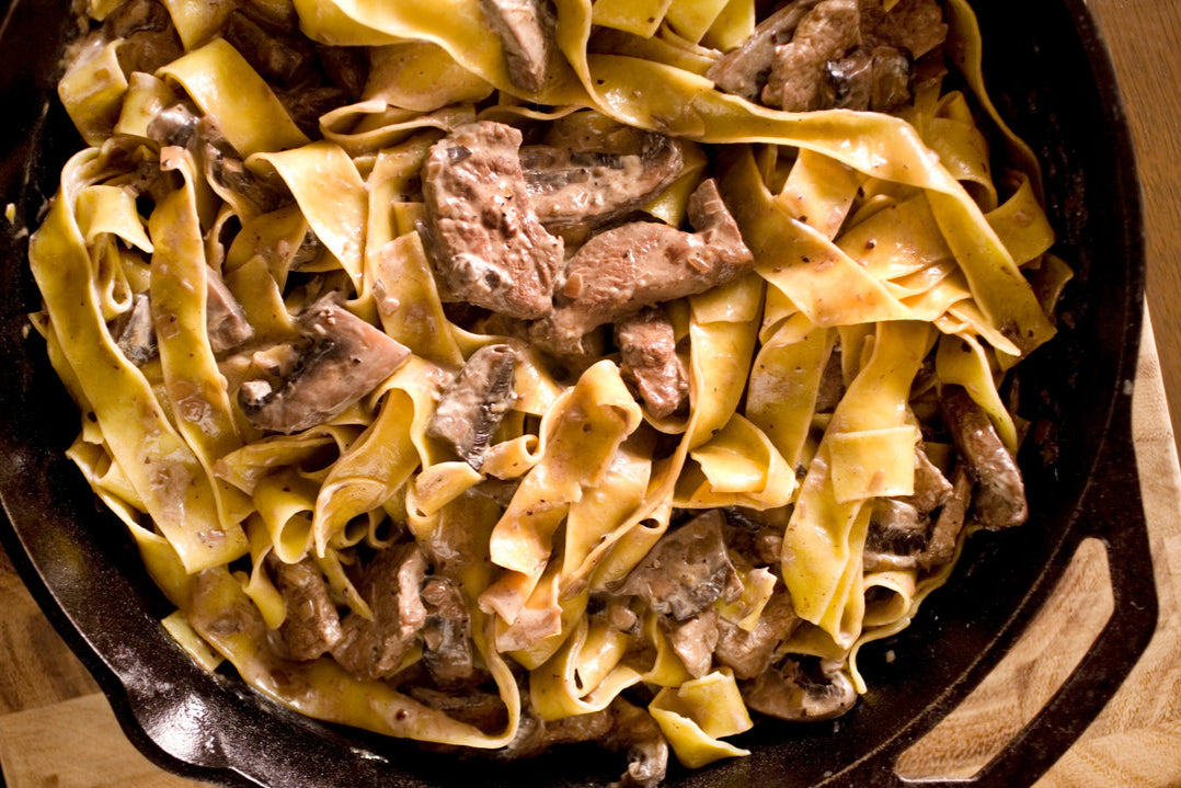 Beef stroganoff made with sliced top round steak in creamy sauce