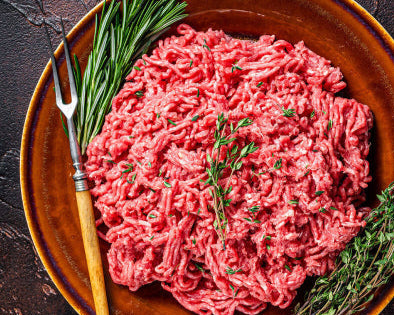 Top view of ground round in bowl, extra-lean grind from pasture-raised cattle