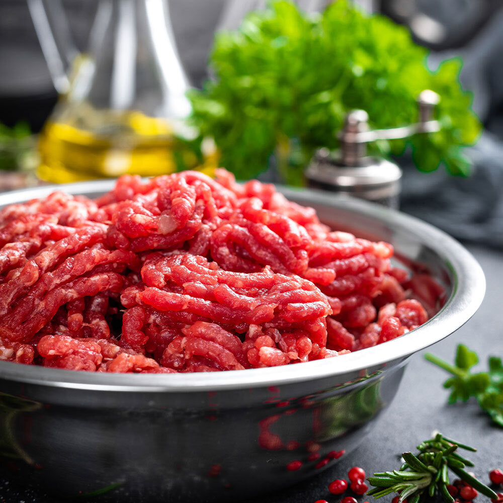 Top view of raw ground sirloin, single-animal grind from Tyner Pond Farm